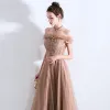 Chic / Beautiful Brown Prom Dresses 2019 A-Line / Princess Ruffle Off-The-Shoulder Beading Lace Flower Sequins Sleeveless Backless Floor-Length / Long Formal Dresses