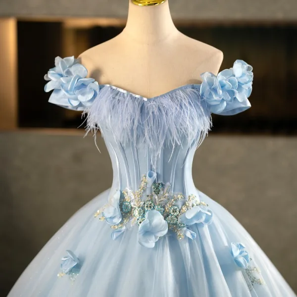Elegant Sky Blue Beading Sequins Appliques Prom Dresses 2025 Ball Gown Off-The-Shoulder Tassel Short Sleeve Backless Floor-Length / Long Formal Dresses