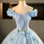 Elegant Sky Blue Beading Sequins Appliques Prom Dresses 2025 Ball Gown Off-The-Shoulder Tassel Short Sleeve Backless Floor-Length / Long Formal Dresses