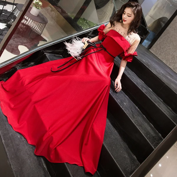 Chic / Belle Rouge Robe De Soirée 2019 Princesse Encolure Dégagée Perlage Noeud Manches Courtes Dos Nu Longue Robe De Ceremonie
