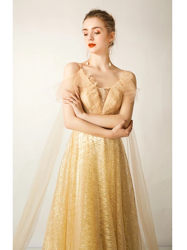 Charming Gold Evening Dresses 2019 A-Line / Princess V-Neck Glitter Sequins Sleeveless Backless Floor-Length / Long Formal Dresses