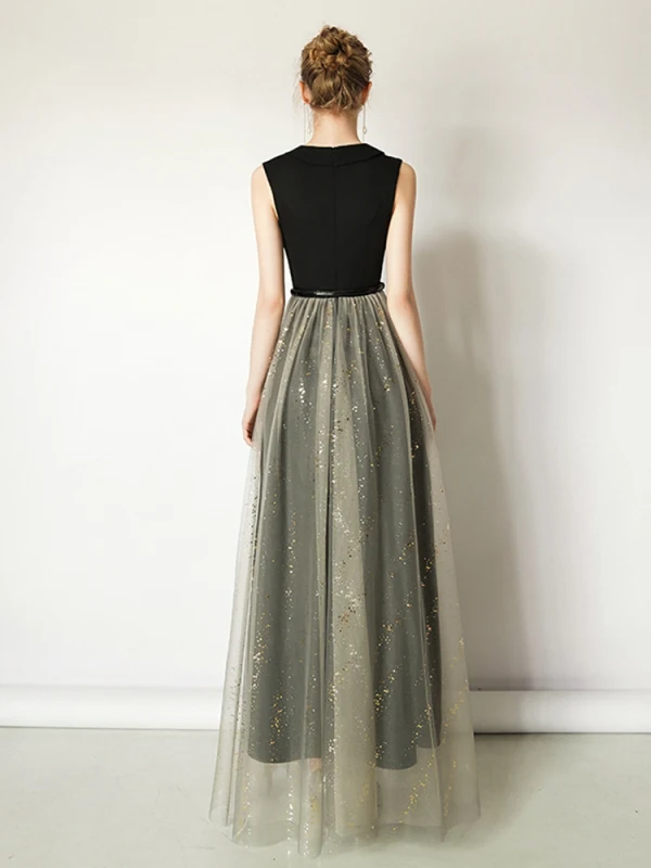 Chic / Belle Noire Robe De Soirée 2019 Princesse V-Cou Ceinture Paillettes Sans Manches Longue Robe De Ceremonie