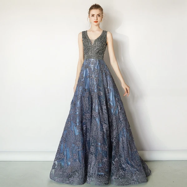 Luxury / Gorgeous Ocean Blue Handmade Beading Evening Dresses 2019 A-Line / Princess V-Neck Crystal Lace Flower Sleeveless Backless Sweep Train Formal Dresses