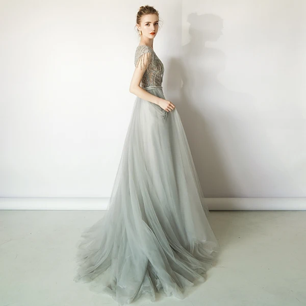 Luxury / Gorgeous Grey Evening Dresses 2019 A-Line / Princess Scoop Neck Handmade Beading Tassel Sequins Short Sleeve Sweep Train Formal Dresses