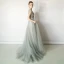 Luxury / Gorgeous Grey Evening Dresses  2019 A-Line / Princess Scoop Neck Handmade  Beading Tassel Sequins Short Sleeve Sweep Train Formal Dresses