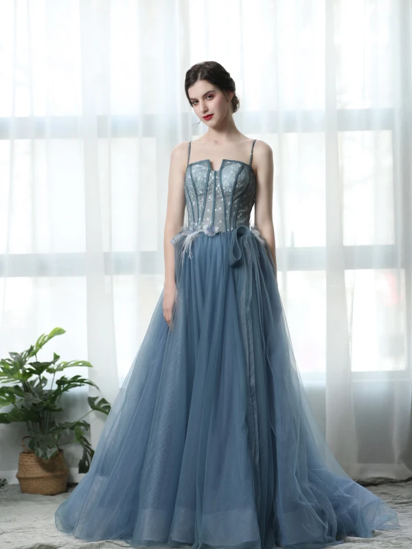 Chic Bleu Robe De Bal 2019 Princesse Bretelles Spaghetti Plumes En Dentelle Fleur Appliques Perle Sans Manches Dos Nu Train De Balayage Robe De Ceremonie
