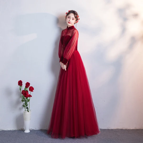Chic / Beautiful Burgundy Evening Dresses 2019 A-Line / Princess High Neck Suede Bow Long Sleeve Backless Floor-Length / Long Formal Dresses