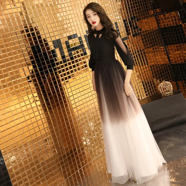 Chic / Beautiful Gradient-Color Evening Dresses  2019 A-Line / Princess Bow V-Neck 3/4 Sleeve Floor-Length / Long Formal Dresses
