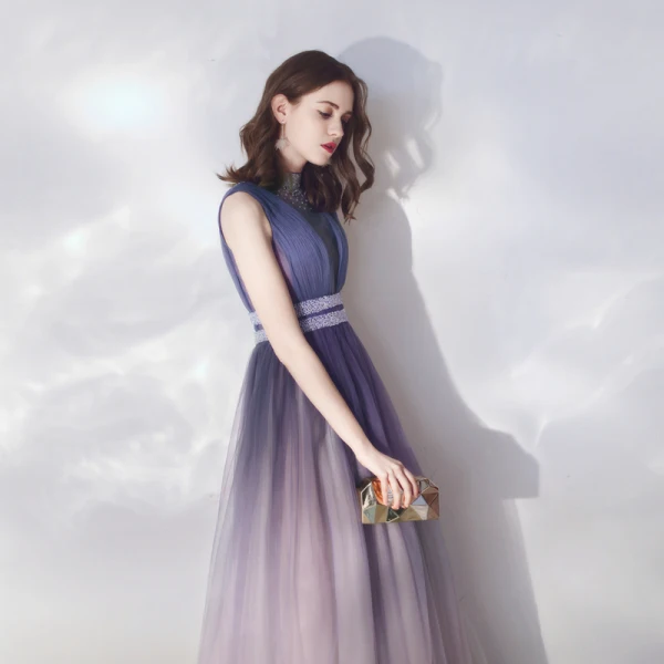 Classy Gradient-Color Evening Dresses  2019 A-Line / Princess Ruffle Sleeveless Rhinestone High Neck Floor-Length / Long Formal Dresses