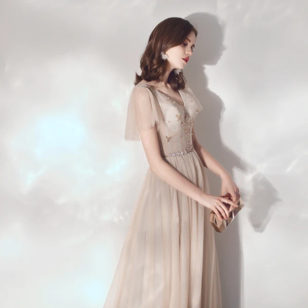 Élégant Champagne Robe De Soirée 2019 Princesse V-Cou Faux Diamant Cristal Manches Courtes Dos Nu Longue Robe De Ceremonie