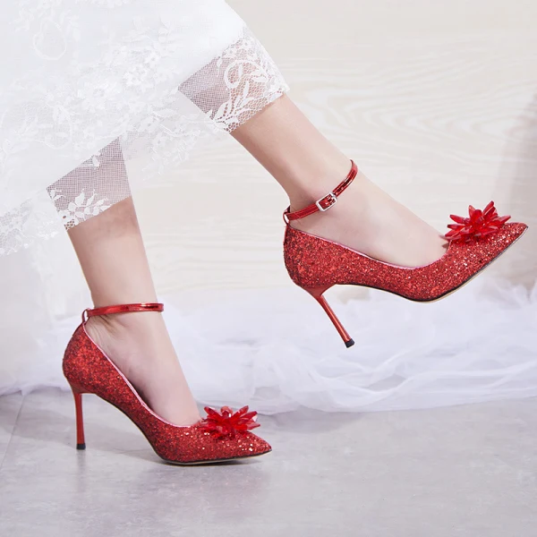 Sparkly Sølv Brudesko 2019 Krystall Paljetter Ankelstropp 9 cm Stiletthæler Spisse Pumps