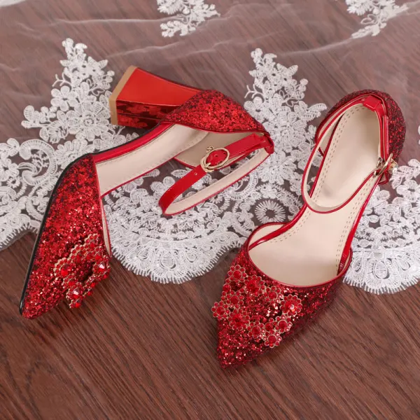 Piękne Srebrny Buty Ślubne 2019 Z Paskiem Rhinestone Cekiny 7 cm Grubym Obcasie Szpiczaste Ślub Wysokie Obcasy