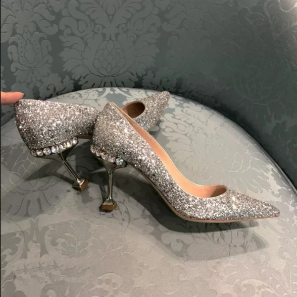 Scintillantes Argenté Chaussure De Mariée 2019 Cuir Faux Diamant Paillettes 8 cm Talons Aiguilles À Bout Pointu Mariage Escarpins