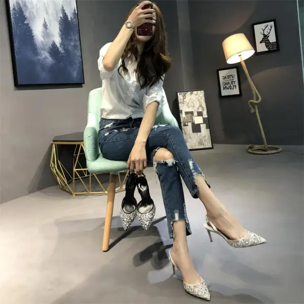 Chic / Beautiful Black Casual Womens Shoes 2019 Leather Sequins Rhinestone 10 cm Stiletto Heels Pointed Toe High Heels