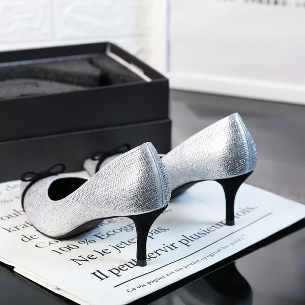 Fine Sølv Oppnevning Damesko 2019 Sløyfe Rhinestone 6 cm Stiletthæler Spisse Pumps