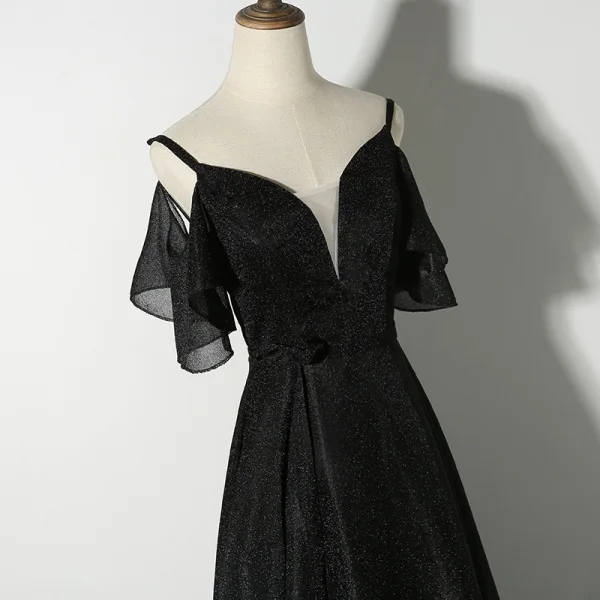 Chic / Beautiful Black Evening Dresses 2019 A-Line / Princess Spaghetti Straps Short Sleeve Backless Floor-Length / Long Formal Dresses