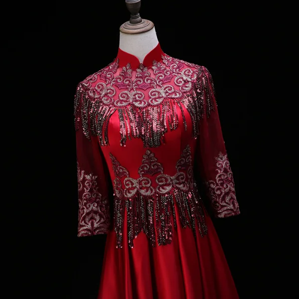 Chinese style Burgundy Evening Dresses 2019 A-Line / Princess High Neck Lace Flower Sequins Tassel 3/4 Sleeve Backless Floor-Length / Long Formal Dresses