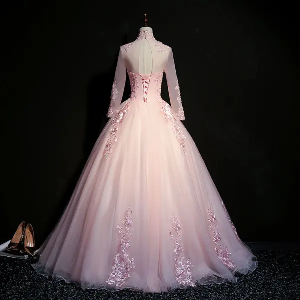 Elegant Blushing Pink Prom Dresses 2019 Ball Gown High Neck Beading Pearl Crystal Lace Flower Long Sleeve Backless Floor-Length / Long Formal Dresses