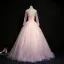 Elegant Blushing Pink Prom Dresses 2019 Ball Gown High Neck Beading Pearl Crystal Lace Flower Long Sleeve Backless Floor-Length / Long Formal Dresses