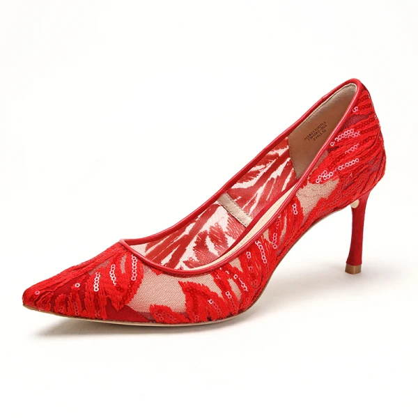 Schöne Rot Brautschuhe 2019 Spitze Pailletten 7 cm Stilettos Spitzschuh Durchbohrt Hochzeit Pumps