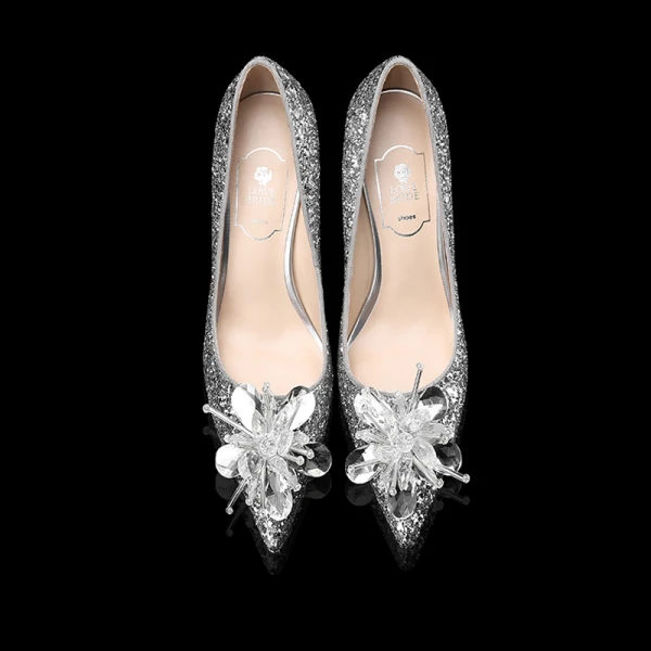 Scintillantes Argenté Chaussure De Mariée 2019 Mariage Cristal Paillettes 8 cm Talons Aiguilles À Bout Pointu Escarpins