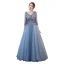Elegante Blau Ballkleider 2018 A Linie Mit Spitze Blumen Applikationen Perle V-Ausschnitt Rückenfreies 3/4 Ärmel Lange Festliche Kleider