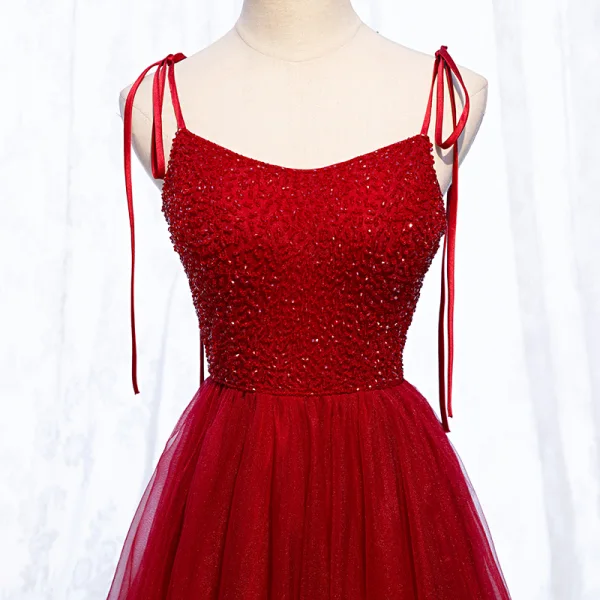 Chic / Belle Bordeaux Robe De Soirée 2019 Princesse Bretelles Spaghetti Noeud Perlage Cristal Sans Manches Dos Nu Longue Robe De Ceremonie