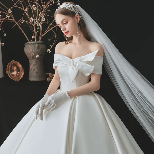 Modest / Simple Elegant Ivory Satin Wedding Dresses 2021 Ball Gown Off-The-Shoulder Bow Short Sleeve Backless Royal Train Wedding