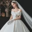 Modest / Simple Elegant Ivory Satin Wedding Dresses 2021 Ball Gown Off-The-Shoulder Bow Short Sleeve Backless Royal Train Wedding