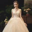 Élégant Champagne Robe De Mariée 2019 Robe Boule V-Cou En Dentelle Fleur Sans Manches Dos Nu Longue