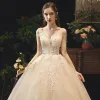Elegant Champagne Wedding Dresses 2019 Ball Gown V-Neck Lace Flower Sleeveless Backless Floor-Length / Long