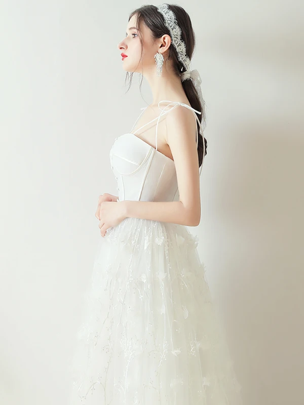 Simple Ivoire Robe De Mariée 2019 Princesse Noeud Bretelles Spaghetti Appliques Sans Manches Dos Nu Longue
