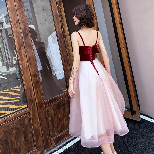 Chic / Beautiful Burgundy Homecoming Graduation Dresses 2019 A-Line / Princess Suede Spaghetti Straps Lace Flower Sleeveless Backless Tea-length Formal Dresses