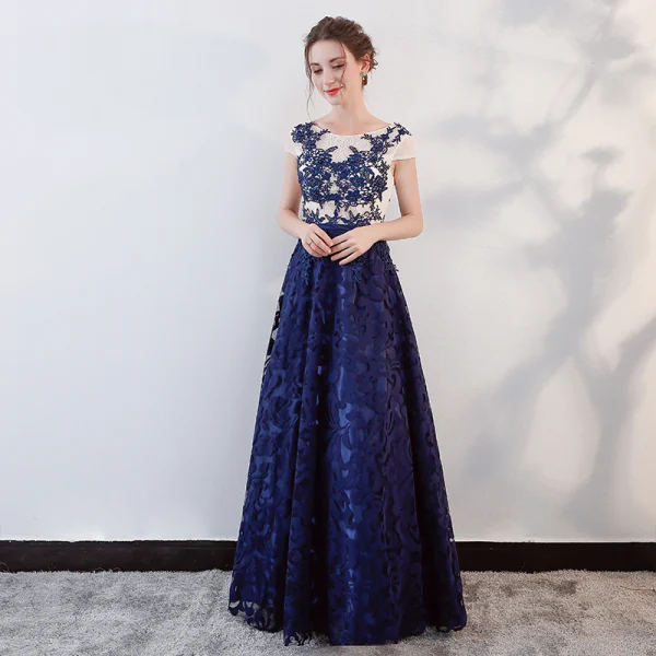 Chic / Beautiful Royal Blue Prom Dresses 2018 A-Line / Princess Beading Crystal Lace Flower Sash Scoop Neck Backless Short Sleeve Floor-Length / Long Formal Dresses