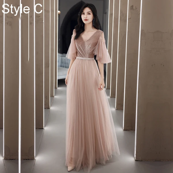 Simple Rougissant Rose Daim Robe Demoiselle D'honneur 2021 Princesse V-Cou Manches Courtes Dos Nu Longue Robe Pour Mariage