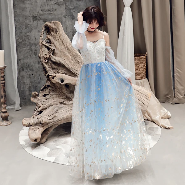 Modern / Fashion Sky Blue Evening Dresses 2019 A-Line / Princess Spaghetti Straps Sequins Long Sleeve Backless Floor-Length / Long Formal Dresses