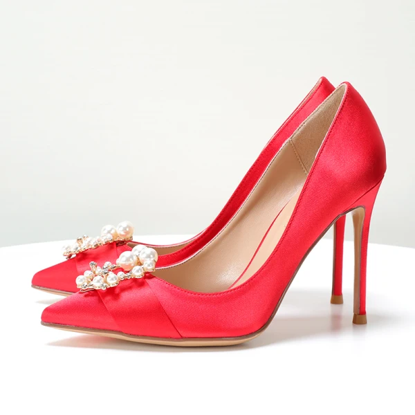 Chic / Beautiful Nude Wedding Shoes 2019 Pearl Rhinestone 10 cm Stiletto Heels Pointed Toe Wedding Pumps