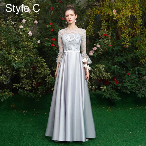 Simple Gris Robe Demoiselle D'honneur 2021 Princesse Encolure Dégagée 1/2 Manches Dos Nu Longue Robe Pour Mariage