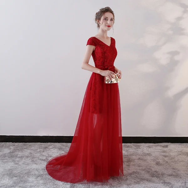 Chic / Belle Bordeaux Robe De Soirée 2018 Princesse En Dentelle Fleur Cristal Noeud V-Cou Dos Nu Manches Courtes Train De Balayage Robe De Ceremonie