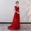 Chic / Belle Bordeaux Robe De Soirée 2018 Princesse En Dentelle Fleur Cristal Noeud V-Cou Dos Nu Manches Courtes Train De Balayage Robe De Ceremonie