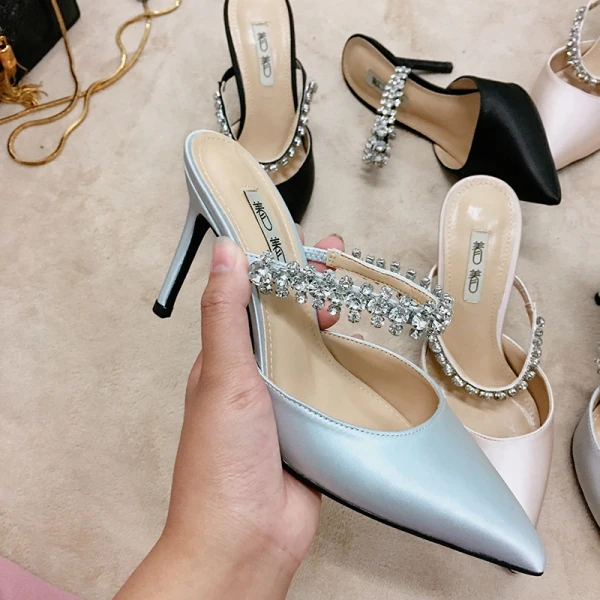 Chic / Beautiful Silver Casual Womens Sandals 2019 Leather Satin Rhinestone 9 cm Stiletto Heels Sandals Pointed Toe