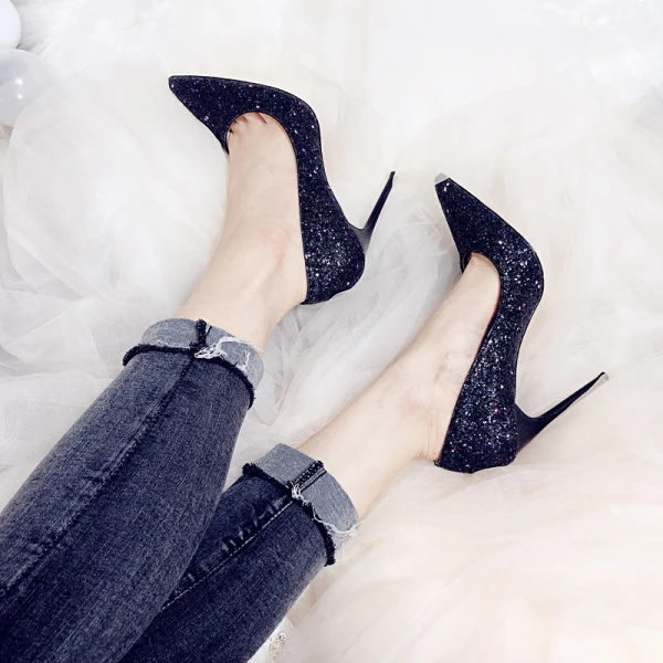 Glitzernden Sternenklarer Himmel Schwarz Brautschuhe 2019 Leder Pailletten 10 cm Stilettos Spitzschuh Hochzeit Pumps