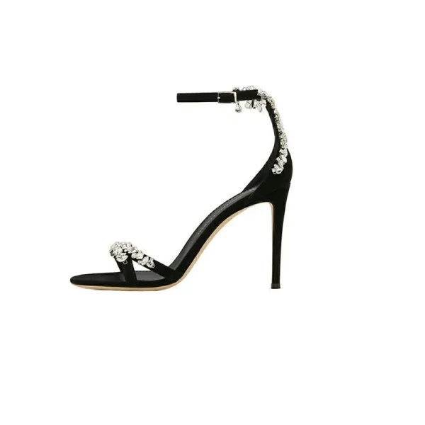 Mode Svarta Casual Sandaler Dam 2019 Läder Ankelband Rhinestone 10 cm Stilettklackar Peep Toe Högklackade