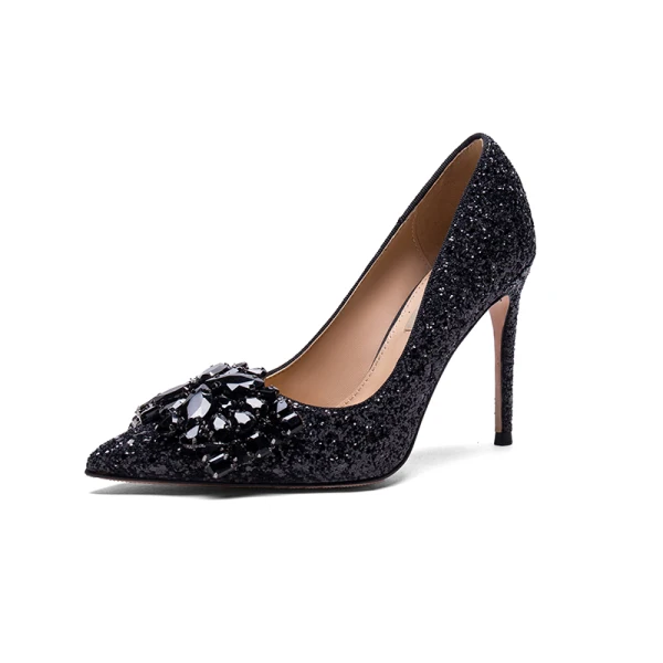 Charming Silver Evening Party Pumps 2019 Leather Crystal Sequins 10 cm Stiletto Heels Pointed Toe Pumps