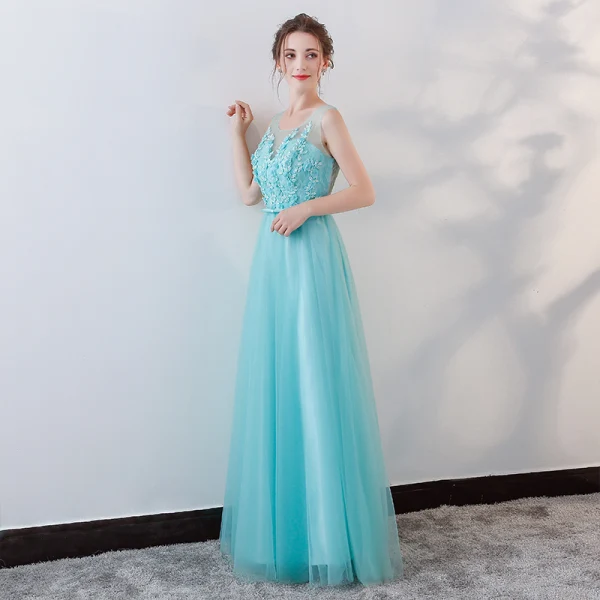 Chic / Beautiful Pool Blue Evening Dresses 2018 A-Line / Princess Lace Flower Appliques Beading Bow Scoop Neck Backless Sleeveless Floor-Length / Long Formal Dresses