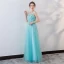 Chic / Beautiful Pool Blue Evening Dresses  2018 A-Line / Princess Lace Flower Appliques Beading Bow Scoop Neck Backless Sleeveless Floor-Length / Long Formal Dresses