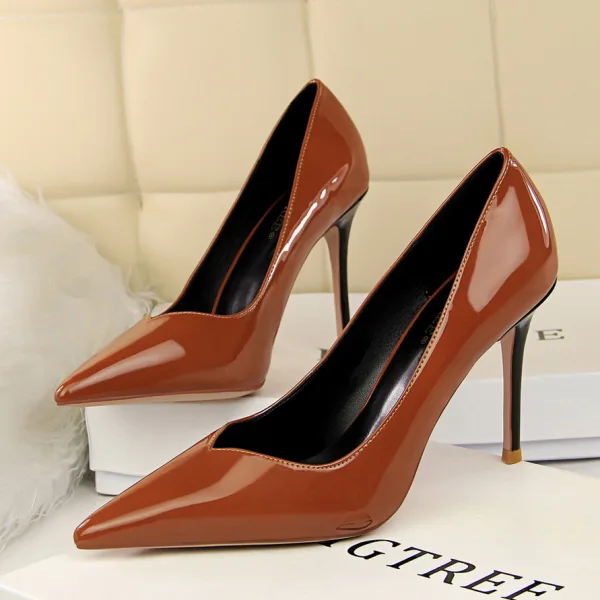 Enkel Svart Kontor Pumps 2019 Patent Lær 9 cm Stiletthæler Spisse Pumps