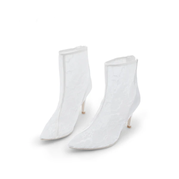 Stilig Elfenben Brudesko 2019 Lær Blonder 8 cm Stiletthæler Spisse Bryllup Boots