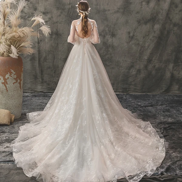 Élégant Ivoire Robe De Mariée 2019 Princesse Col Haut En Dentelle Fleur 3/4 Manches Dos Nu Chapel Train