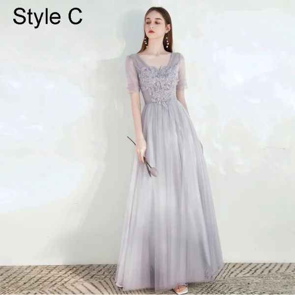 Modest / Simple Grey Bridesmaid Dresses 2021 A-Line / Princess Square Neckline Beading Lace Flower Short Sleeve Backless Floor-Length / Long Wedding Party Dresses